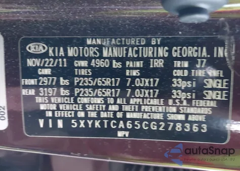 2012 Kia Sorento Lx из США, поврежденный, VIN 5XYKTCA65CG278363